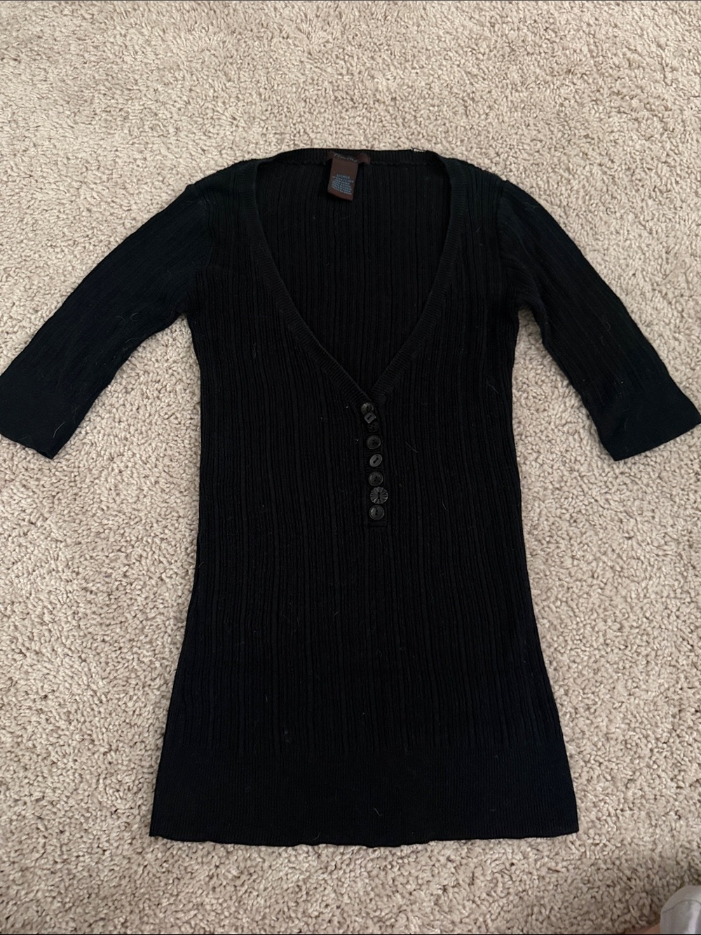 Timing Black Ribbed V-Neck Top with Button Front